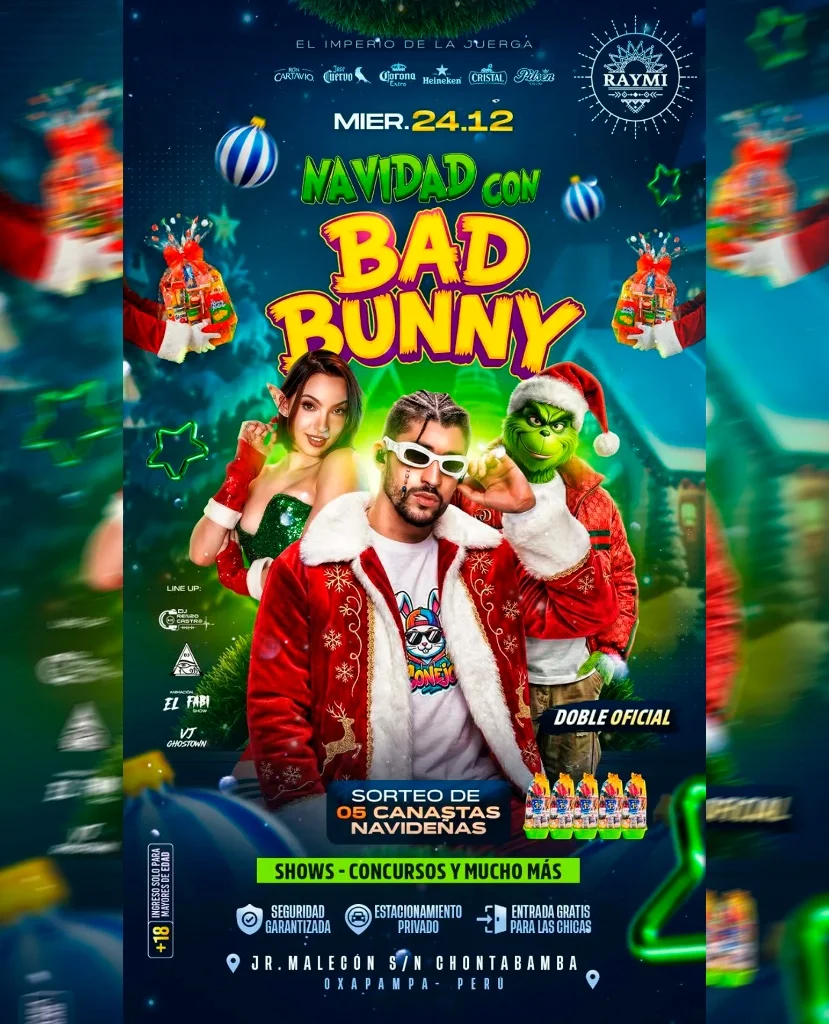 Diseño publicitario para evento Navidad con Bad Bunny
